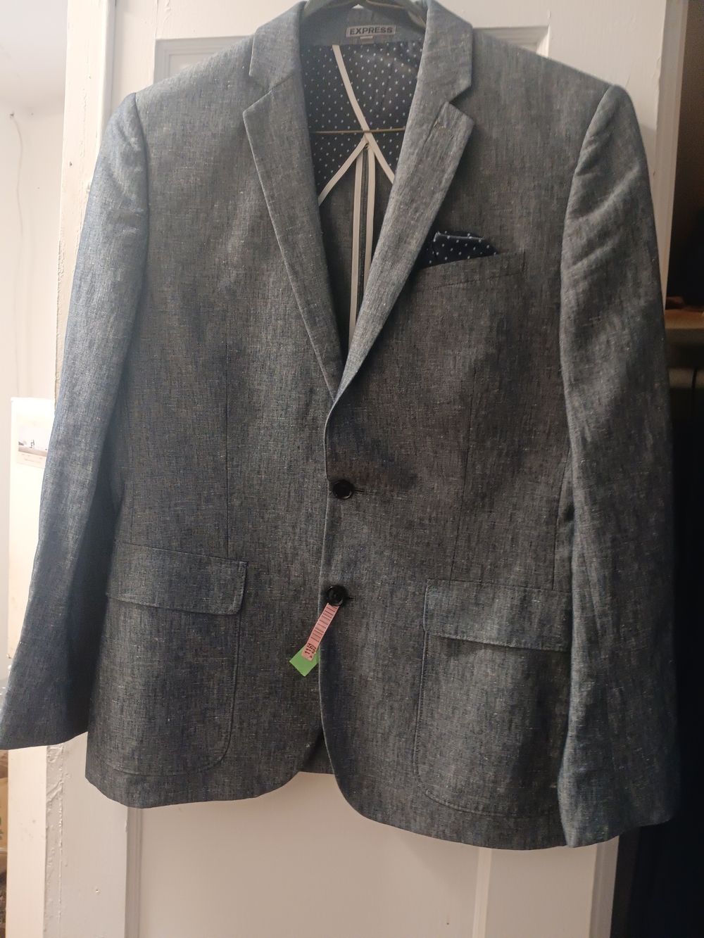 Express Men's Gray Linen-Blend Sport Coat with Pocket Square
